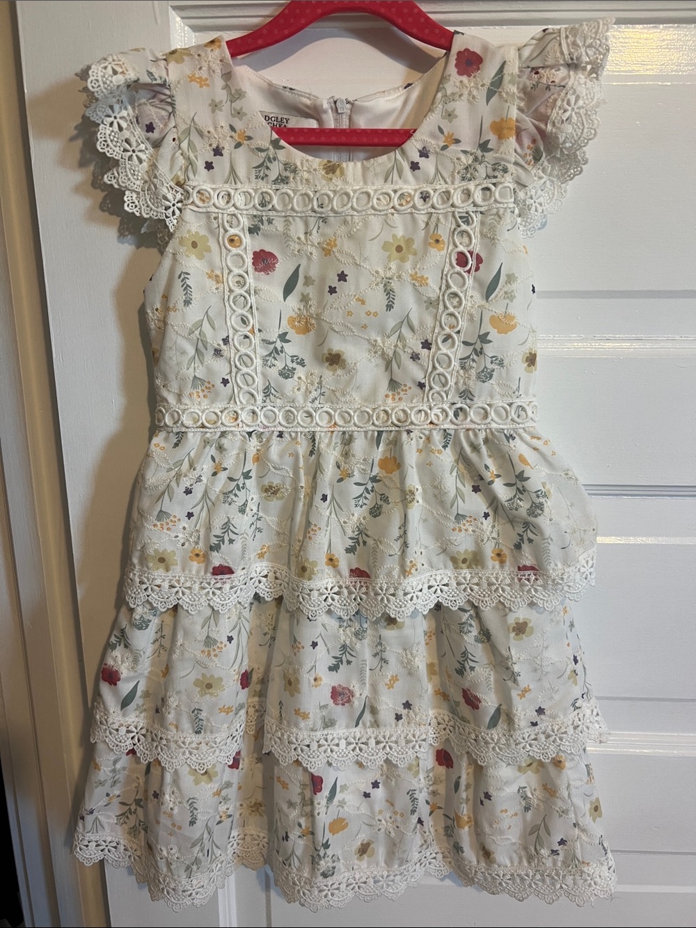 Badgley Mischka Cream Floral Lace Tiered Party Dress with Yellow and Red Blooms